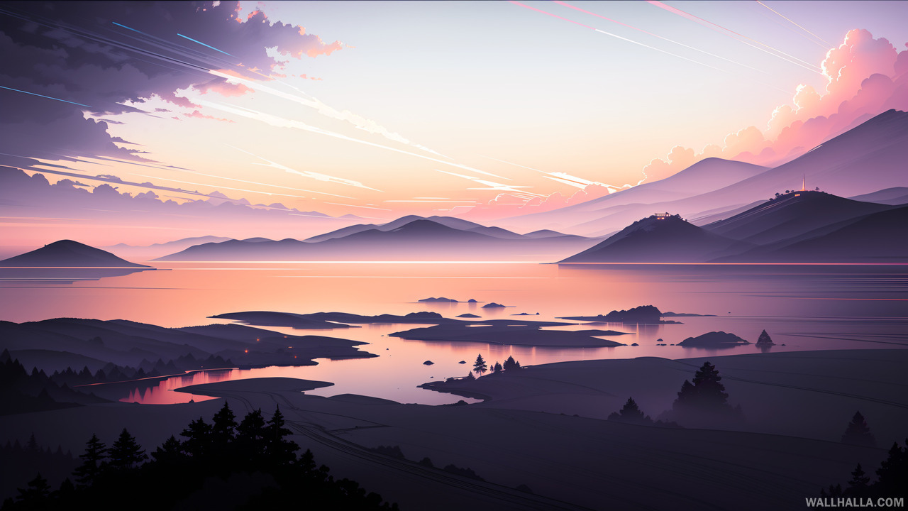 Download this stunning 4K wallpaper of a beautiful and serene sunset mountain landscape illustration, featuring smooth gradients and a vibrant color palette at Wallhalla.