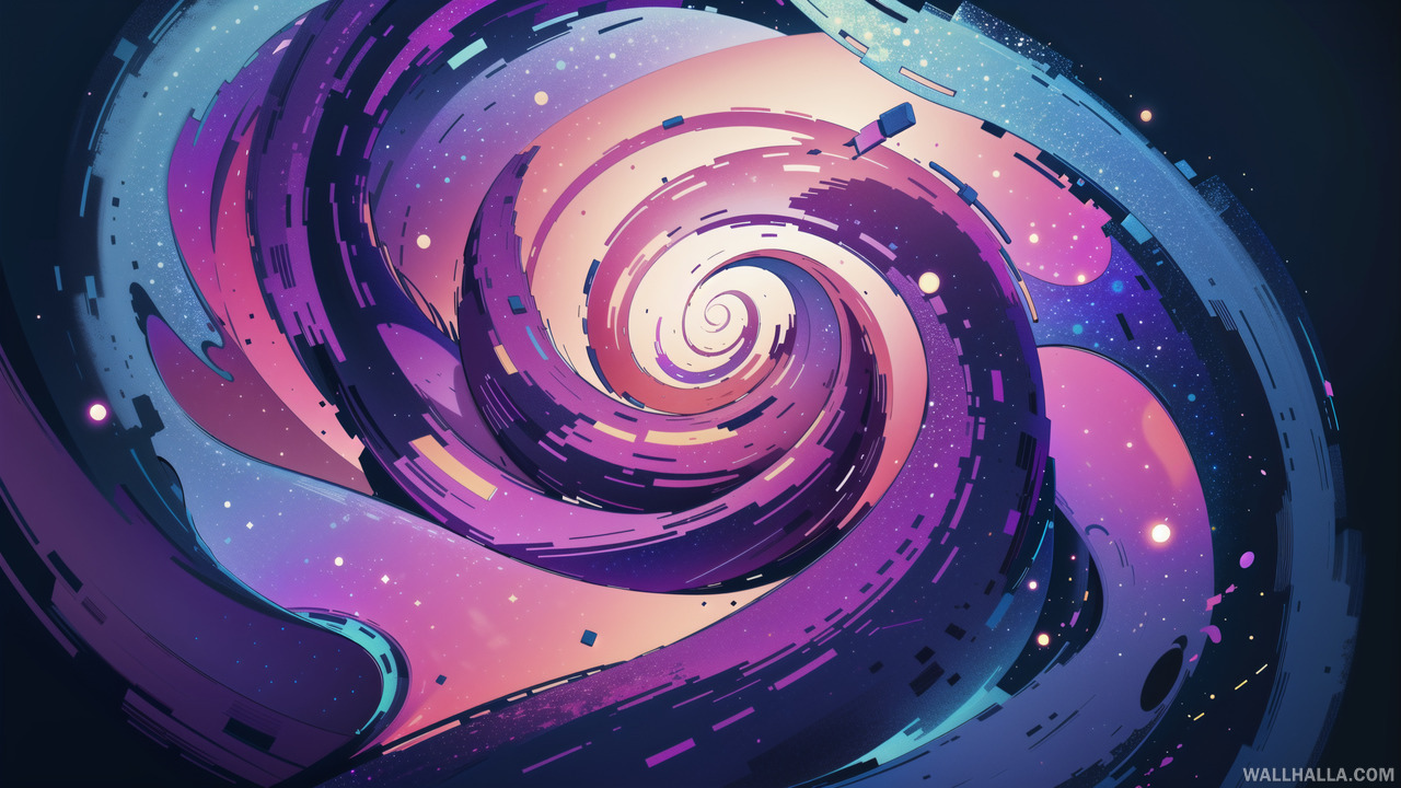 Download our award-winning digital art wallpaper featuring a minimalistic expressionism spiral galaxy with smooth gradients, vivid colors, and clean curves for desktop and mobile devices on Wallhalla.