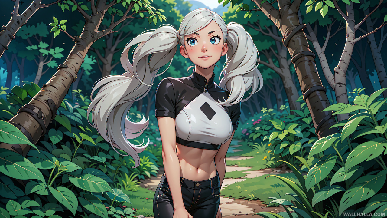 Discover the perfect anime illustration of Ann Takamaki walking through the forest. Download this extreme close-up portrait and enjoy the white-haired beauty in a crop top and pigtails from Wallhalla.
