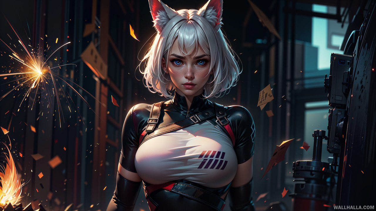 Experience this high-quality wallpaper featuring a beautiful young woman with realistic eyes, white hair, and unique purple fox ears, captured in a dynamic pose in a futuristic alley. Fall in love with the minimalistic art, neon backlight effects, and the vivid sparks and particles in this dark scenery - only at Wallhalla.