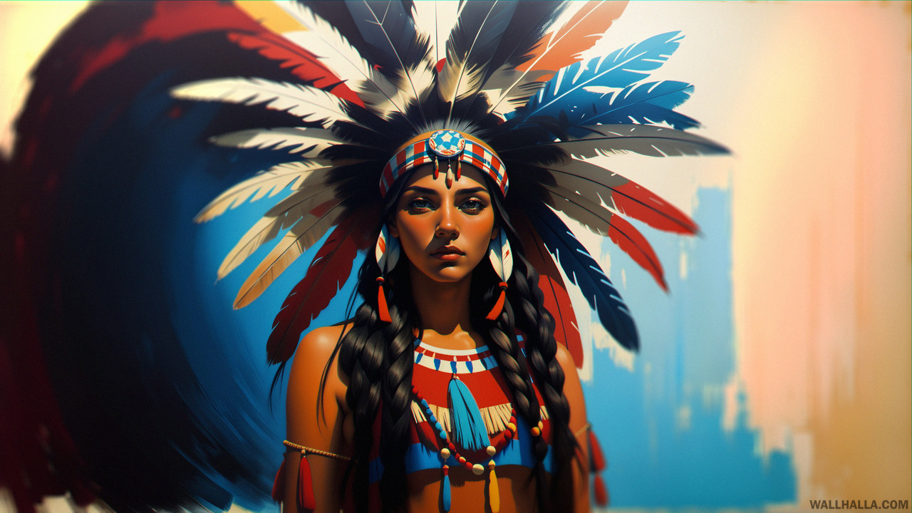 Experience the beauty of a masterpiece oil painting ink wallpaper depicting a colorful Native American woman of high contrast, looking at the viewer. Unleash the best quality image at 1.4 on your desktop and mobile screens with Wallhalla.