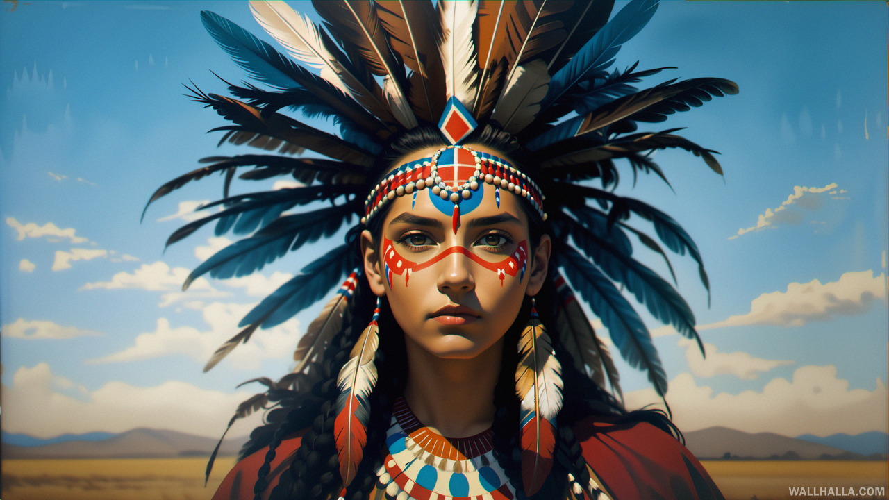 Experience the high contrast, colorful oil ink painting of a stunning Native American woman looking directly at the viewer, adorned with face paint and feathers, dressed in her traditional attire, and set against a picturesque landscape. Don't miss out on this masterpiece of the highest quality at Wallhalla.