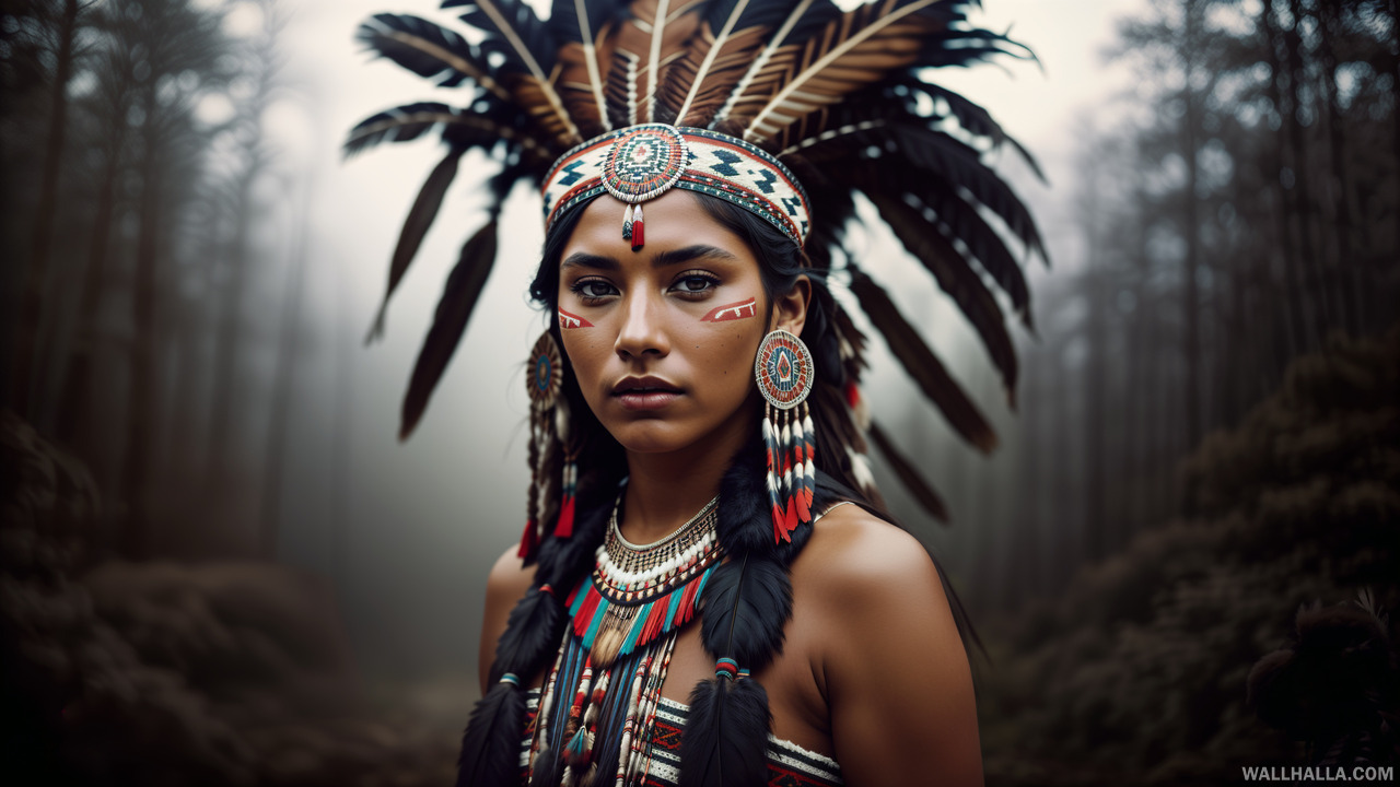 Discover our award-winning HD desktop and mobile wallpaper featuring a vintage photography masterpiece of a beautiful young Native American woman adorned in traditional attire with aztec patterns and feathers trim, set in a mysterious foggy ambience. Experience the art of cinematic lighting and bloom in this flawless and moody visual.