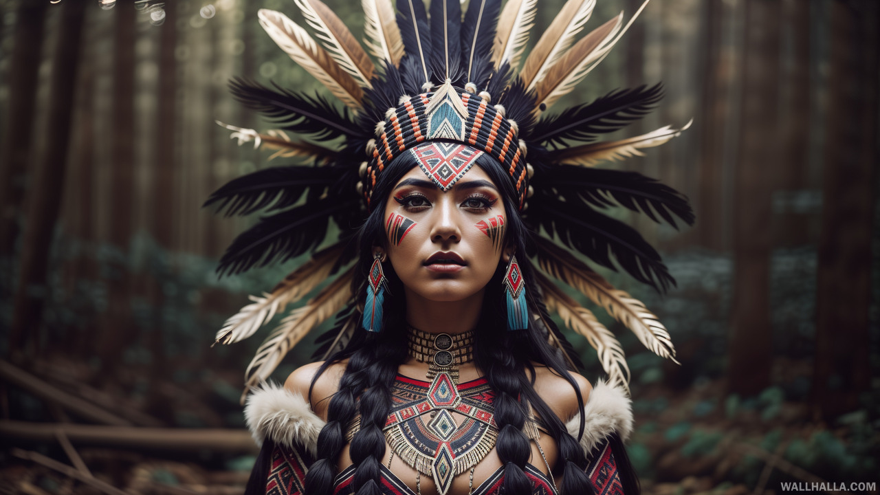 Discover our AI generated, award-winning analog photo of a beautiful young Native American woman dressed in traditional attire and set in a moody, mysterious woodland setting. A vintage masterpiece featuring cinematic lighting and a shallow depth of field.