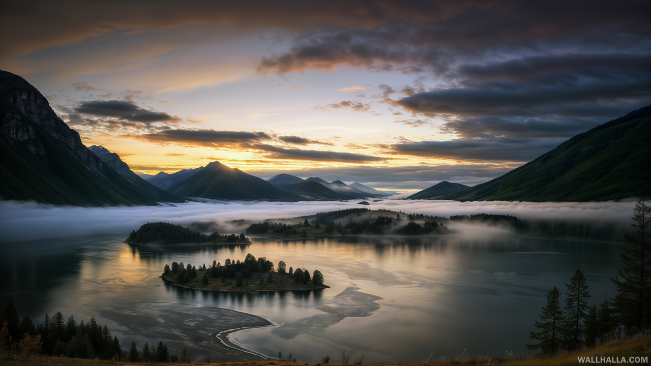 Experience the breath-taking and highly detailed award-winning Mountain Valley landscape photography. This realistic photo taken at dawn with a 70mm lens captures every intricate detail under a colorful sunset and soft light on Wallhalla.