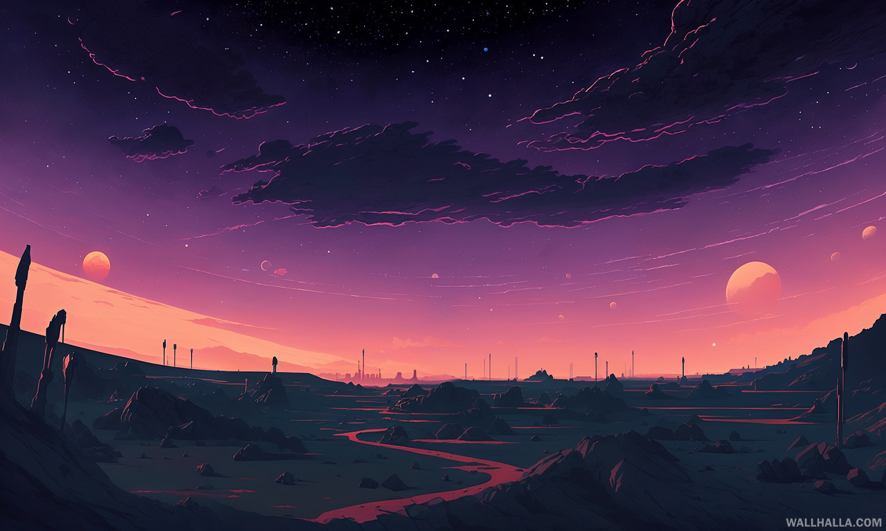 Download your free intricately detailed sunset on a desolated planet inking masterpiece, trending on Wallhalla in high-definition 4k and HD. Explore your imagination with Wallhalla's creative illustrations.